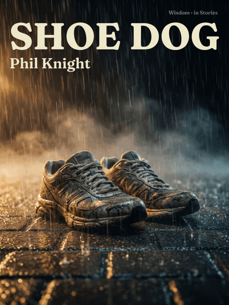 hoe Dog by Phil Knight - Wisdom in Stories book review cover featuring worn running shoes in morning light