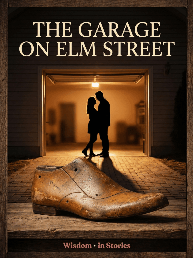 A middle-aged couple standing in the doorway of a garage workshop filled with shoemaking tools and materials, bathed in golden afternoon light