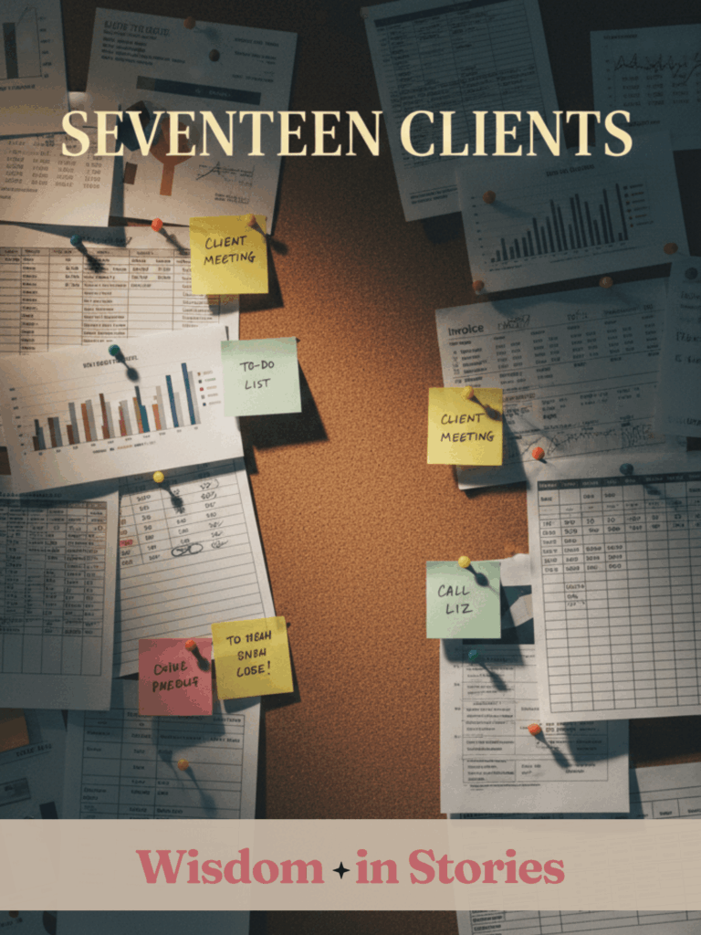 Seventeen Clients book cover - Wisdom in Stories - vertical strip of clarity through chaos