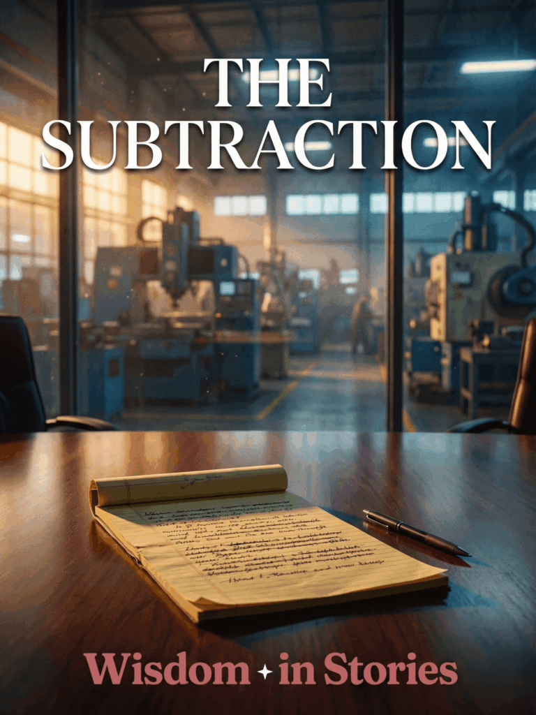 Book cover showing a worn legal pad with crossed-out items on a boardroom table, manufacturing floor visible through window behind